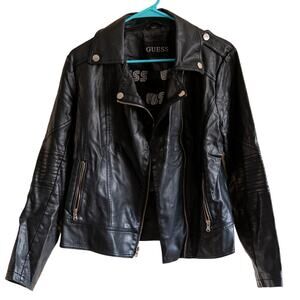 Guess Sz M Faux Leather Black Moto Jacket Biker City Classic Coat Fashion Spring